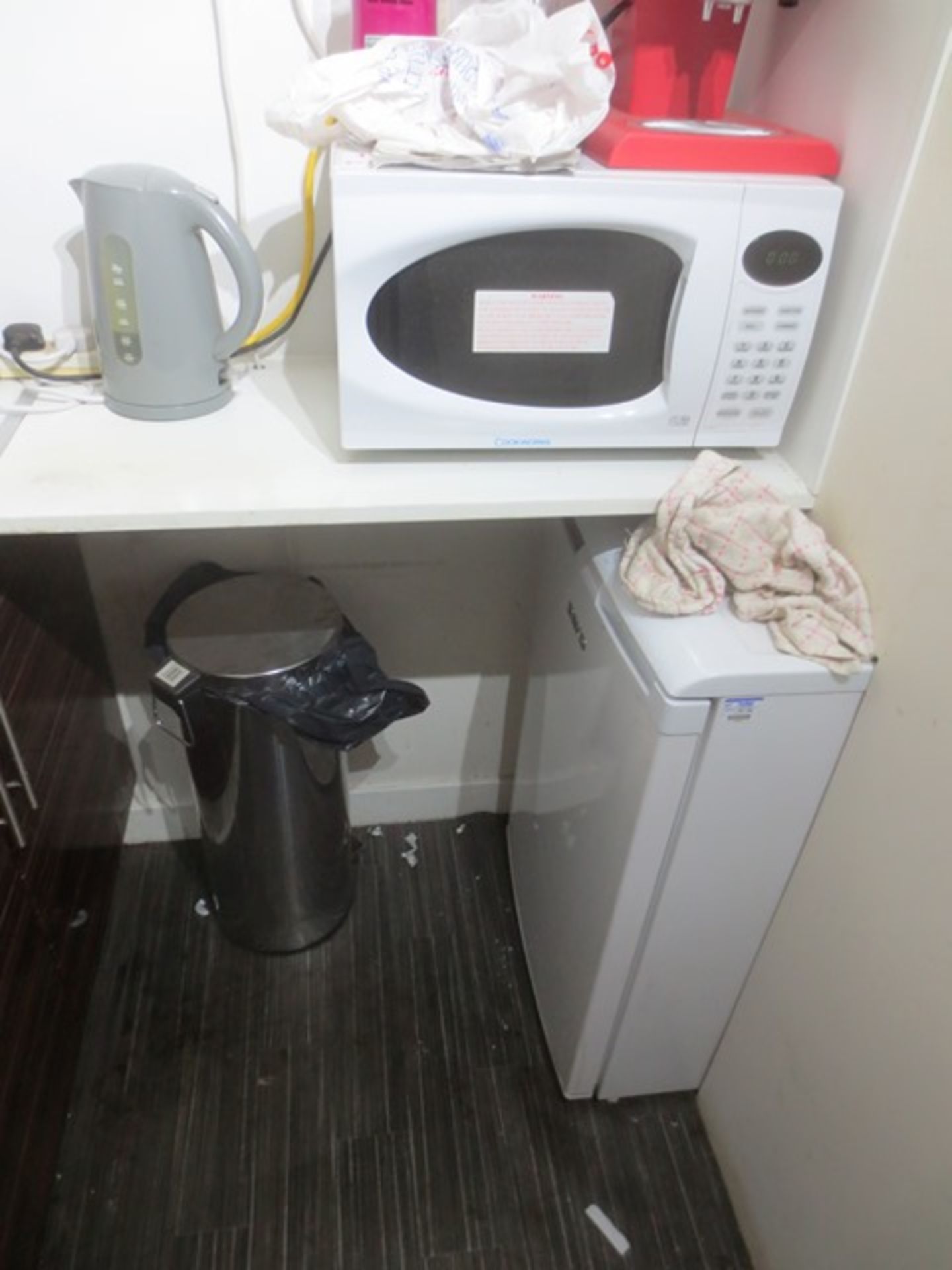 Contents of kitchen to include Cookworks 800W microwave, Beko refridgerator, kettle, Smarttronics