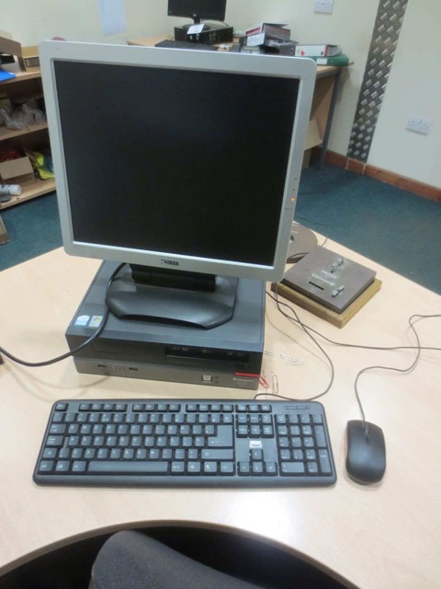 Lenovo desktop PC, iBox, flat screen monitor, keyboard, mouse