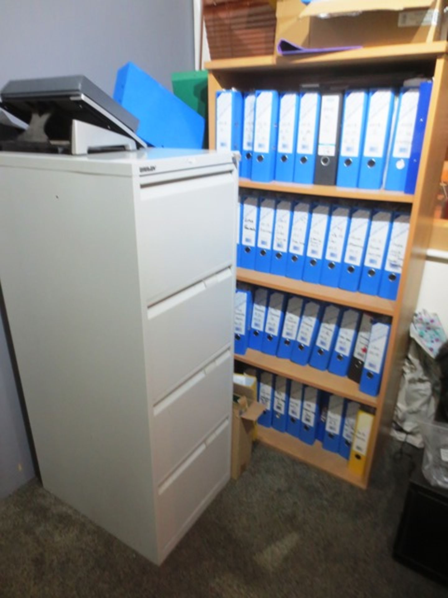 Bisley grey steel 4 drawer filing cabinet, and light oak effect 4 shelf bookcase