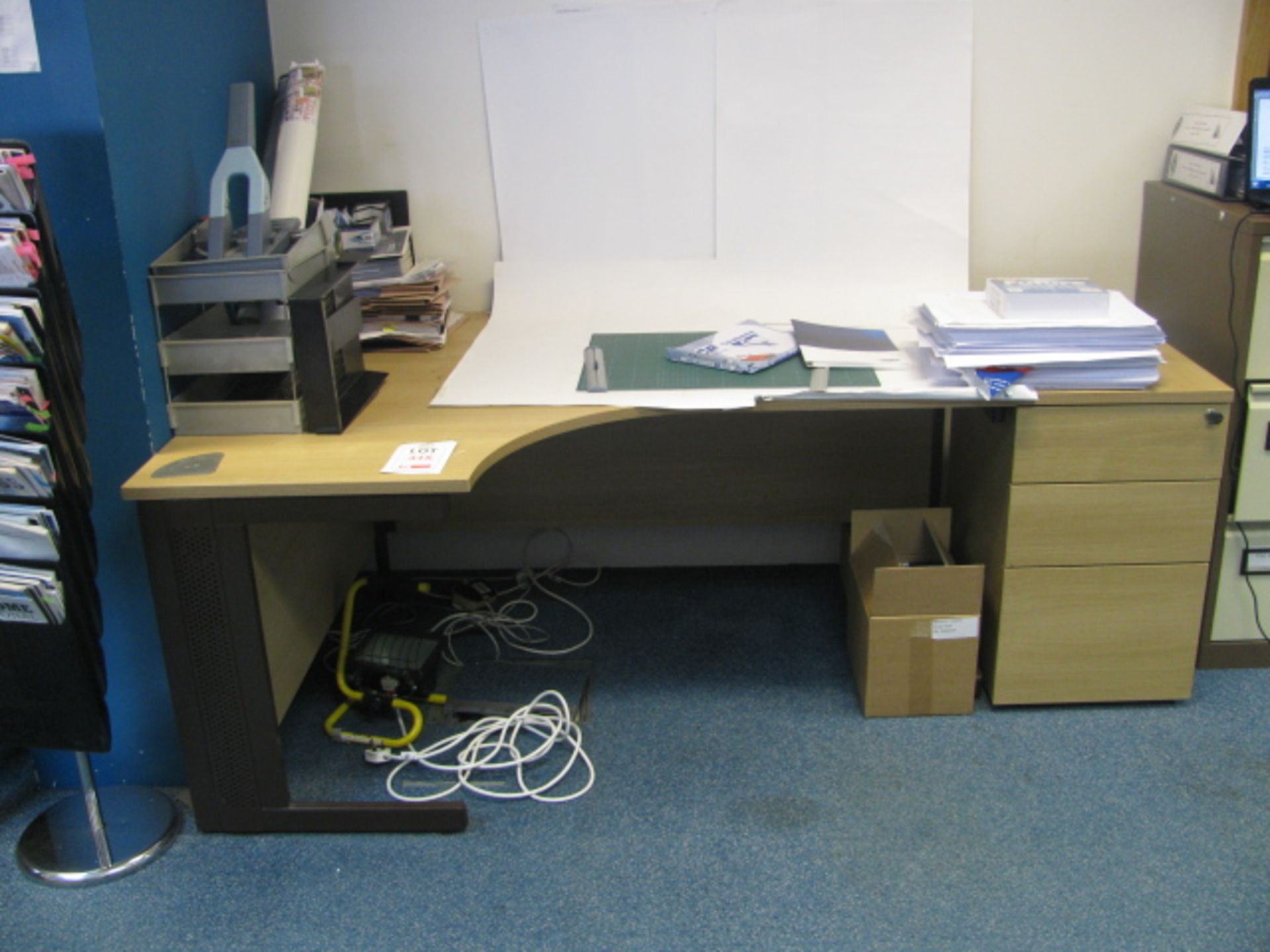 Light oak veneer workstation, pedestal and 3-drawer steel filing cabinet