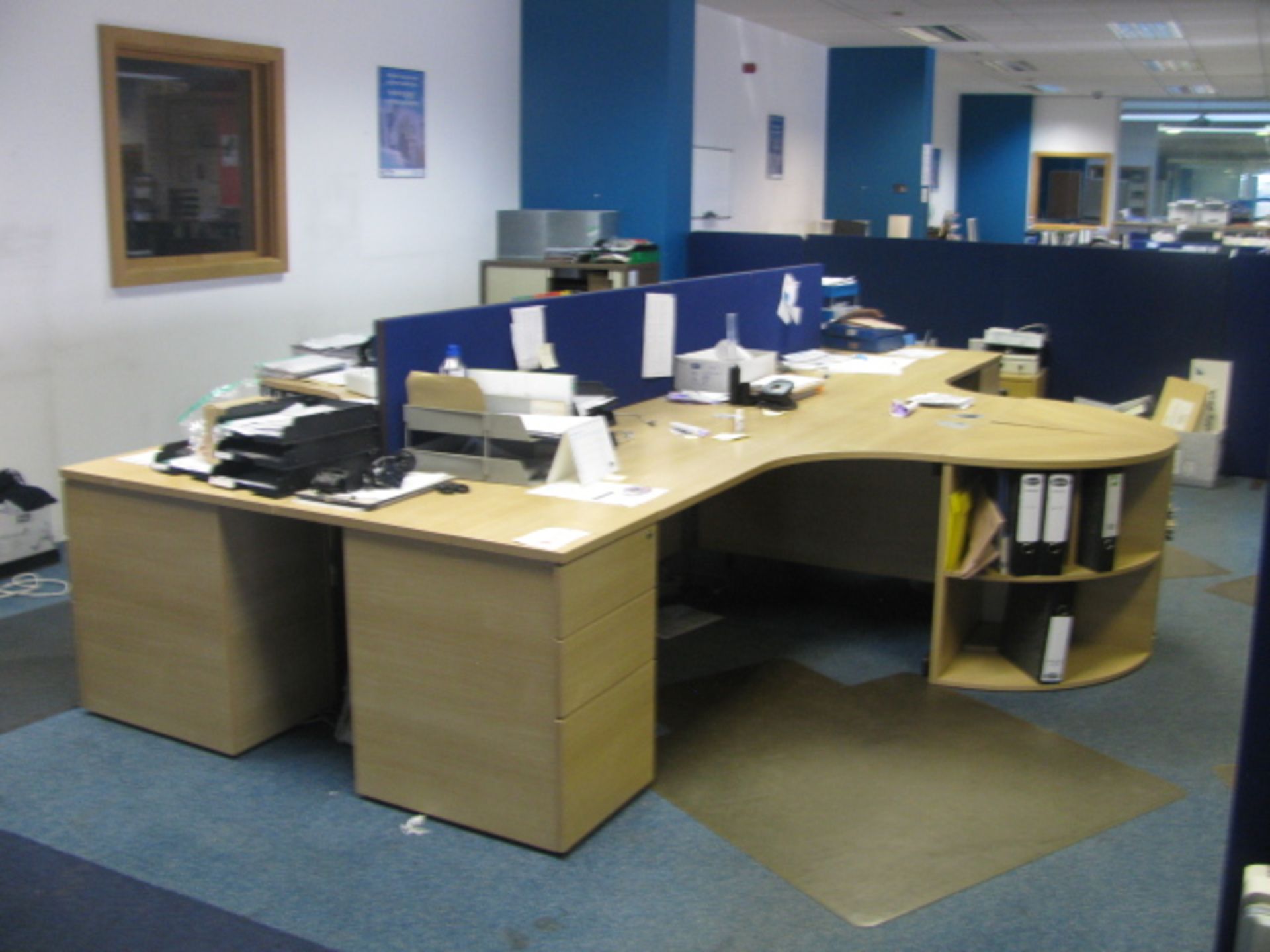 4 x light oak veneer workstations with pedestals and acoustic screens