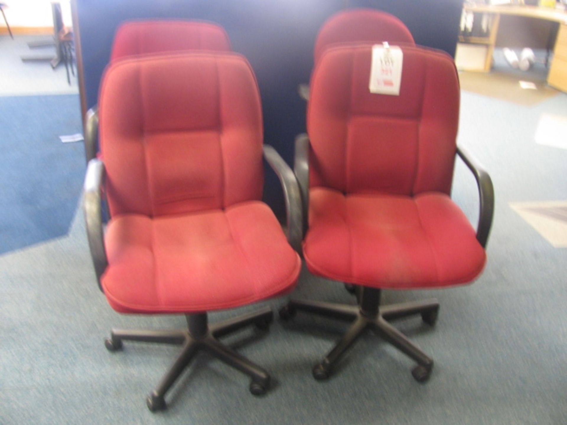 4 red fabric upholstered chairs