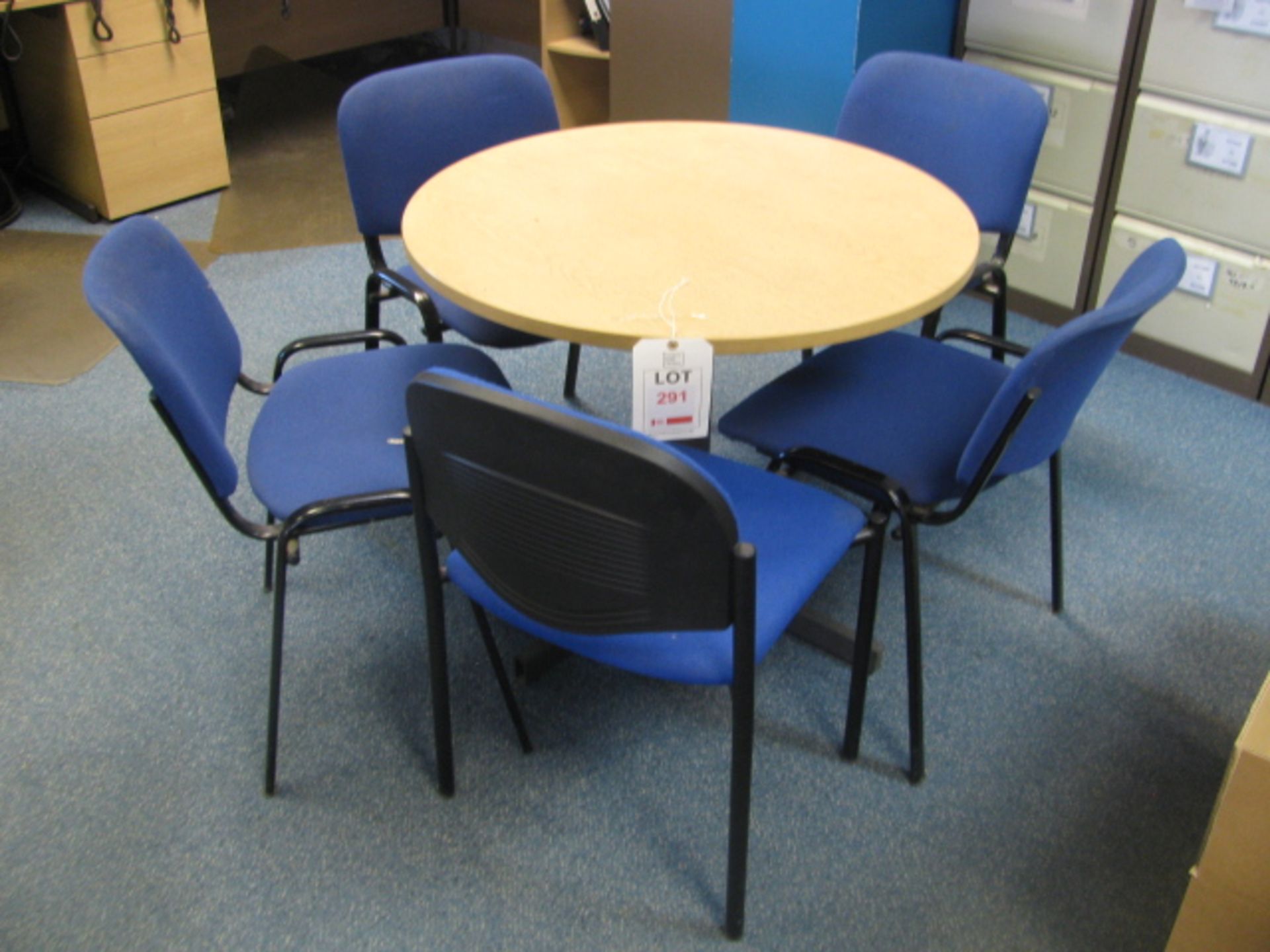 Round light oak veneer meeting table and 5 chairs