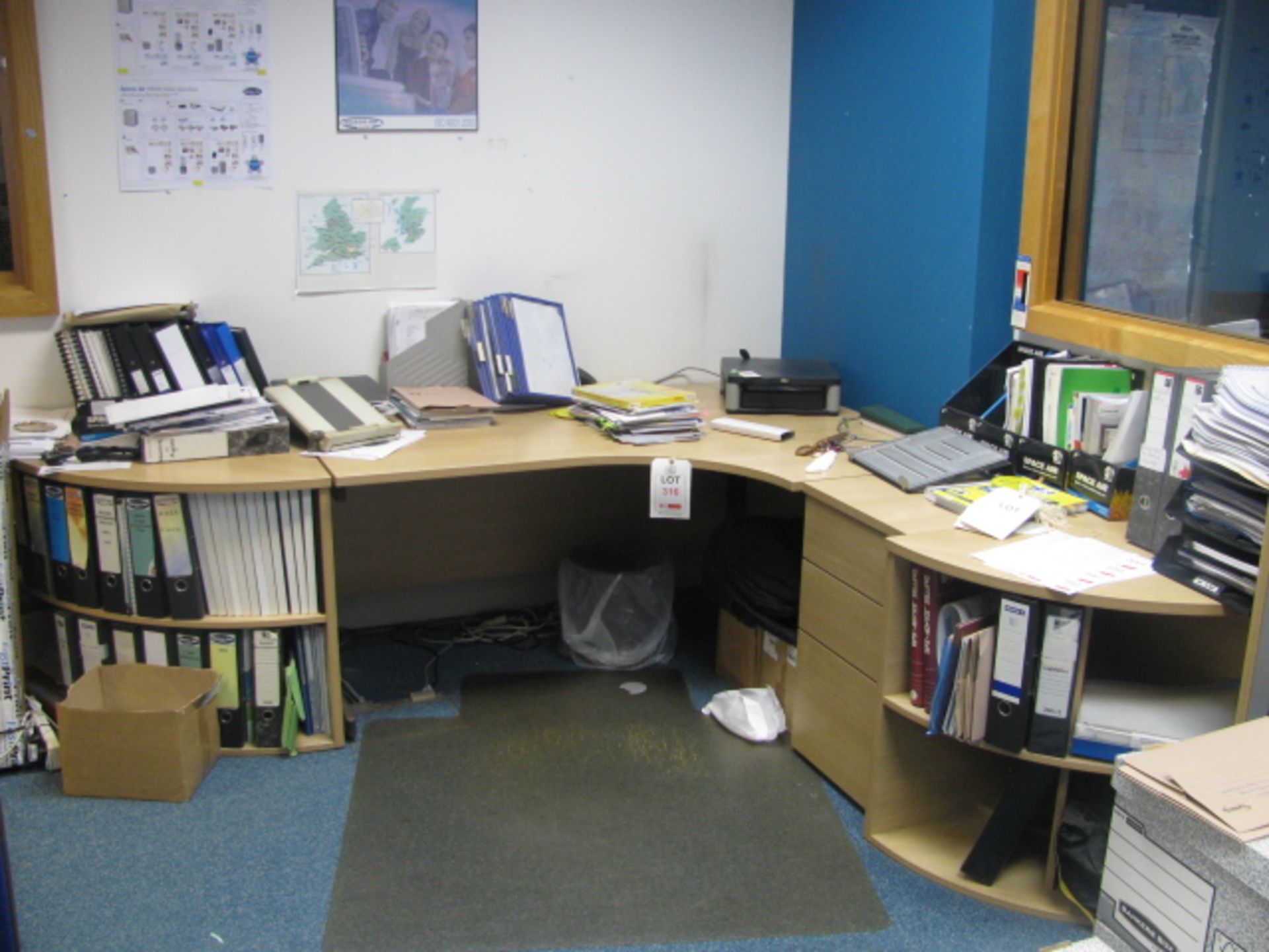 Light oak veneer workstation, pedestal and 3-drawer steel filing cabinet