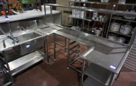 Stainless steel 2-section pass through Warewashing Station, with single bowl sink, wash down gun,