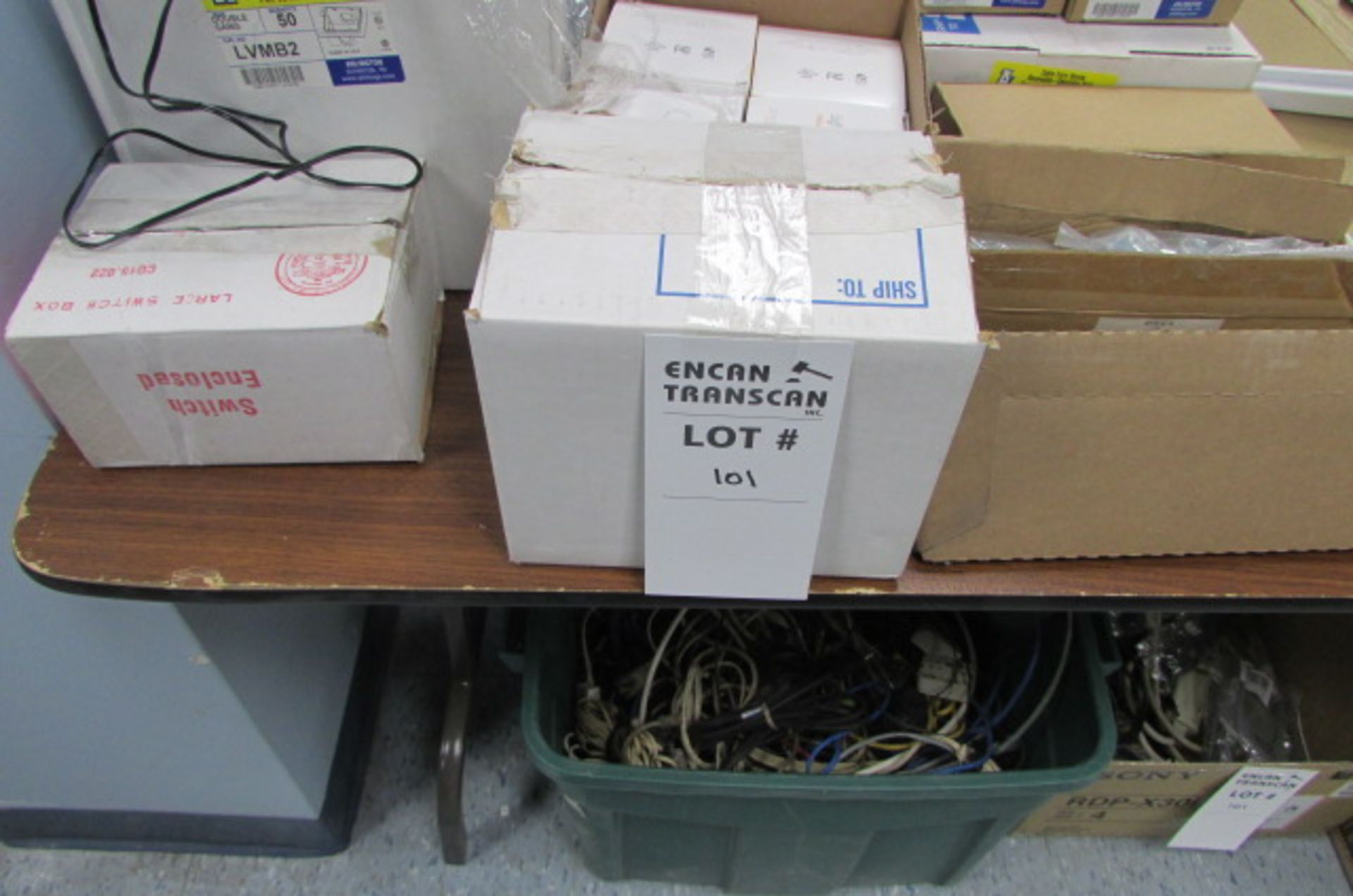 LOT: LOW VOLTAGE BOXES, WIRES, LIGHT FIXTURES ETC