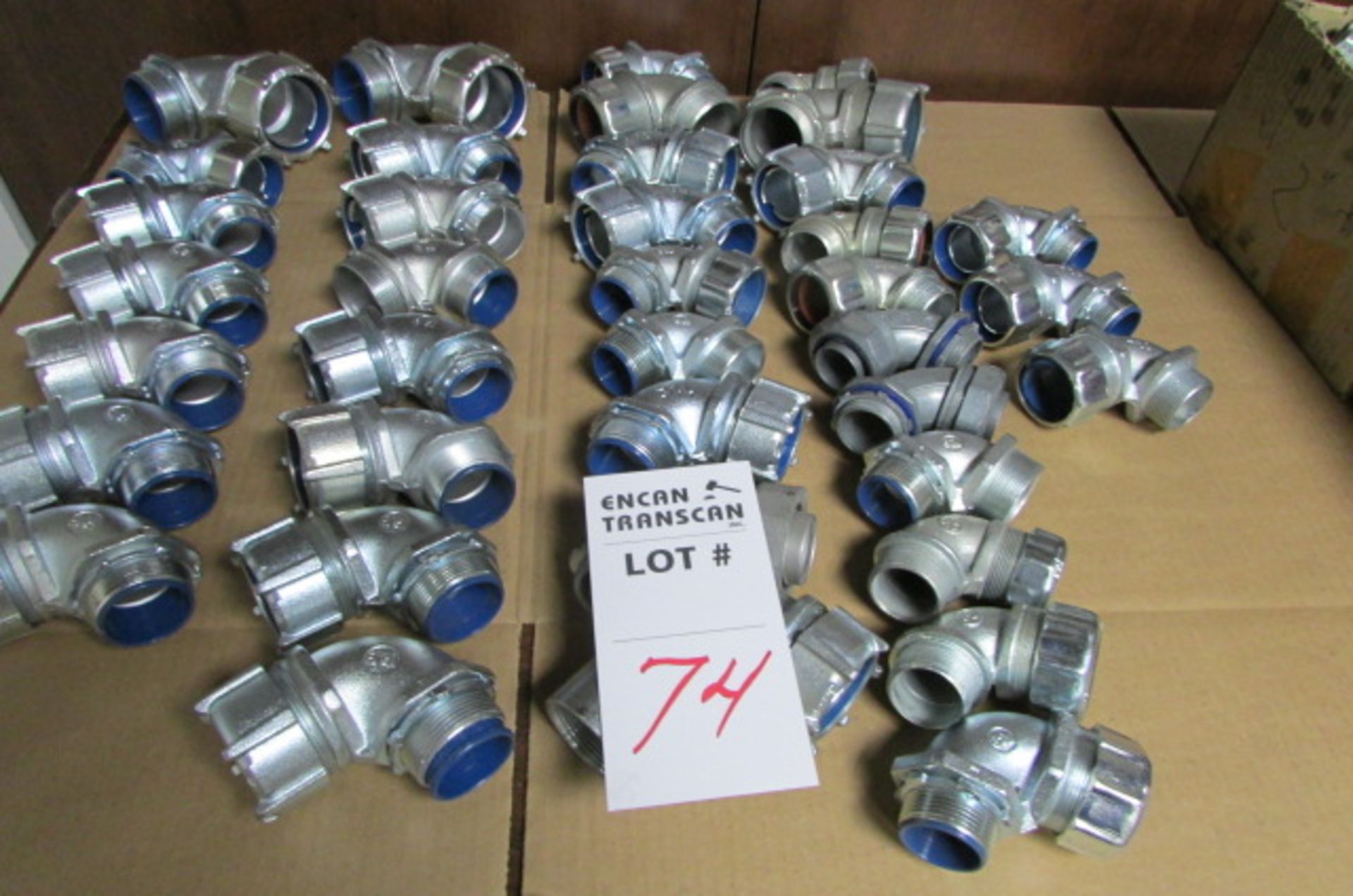 LOT: (74) 90-ANGLE CONDUIT FITTINGS (SEE PHOTOS FOR QTY. PER SIZES)