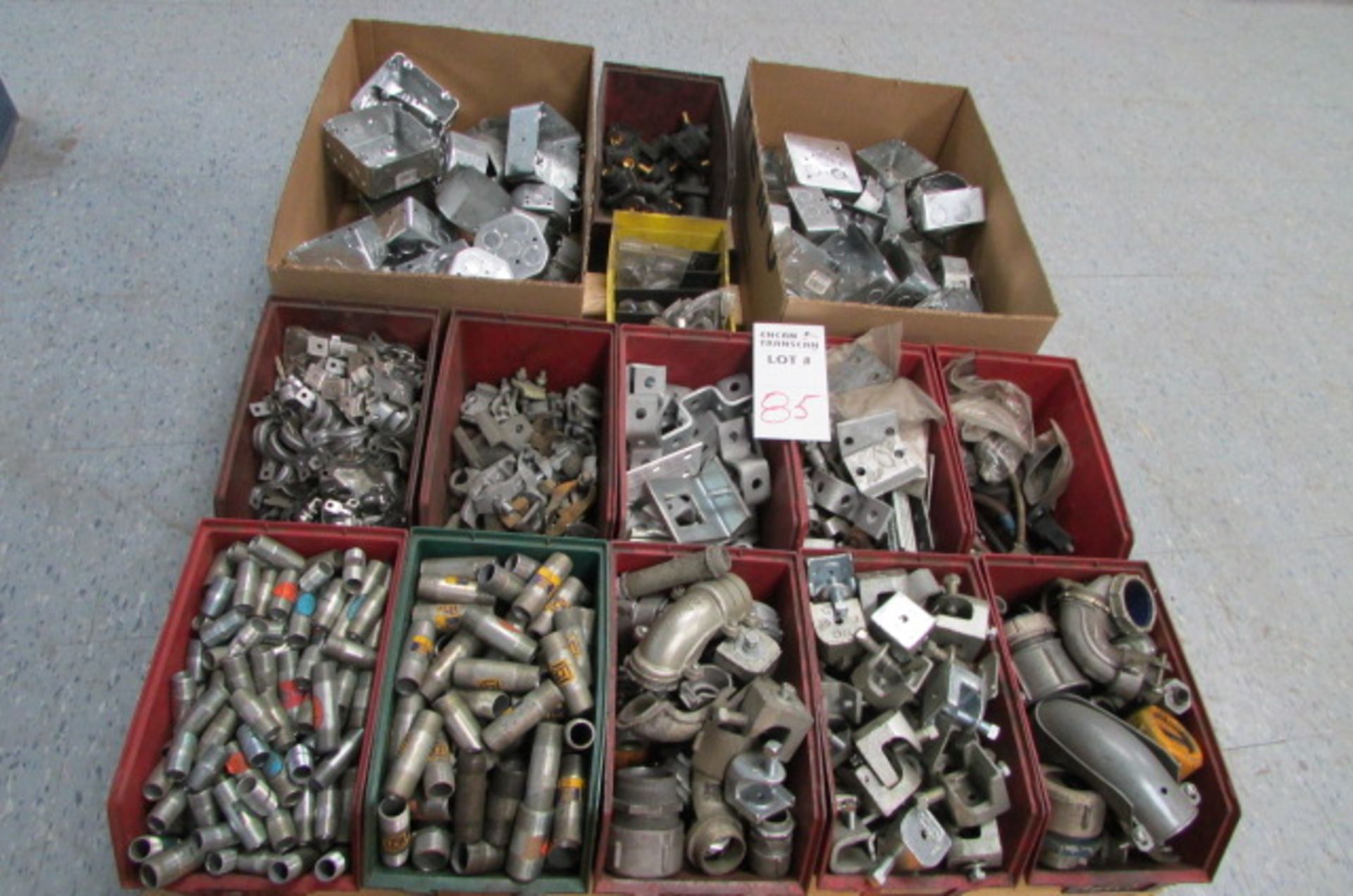 LOT: ASSORTED ELECTRICAL COMPONENTS, GALV. OUTLET BOXES, ETC.