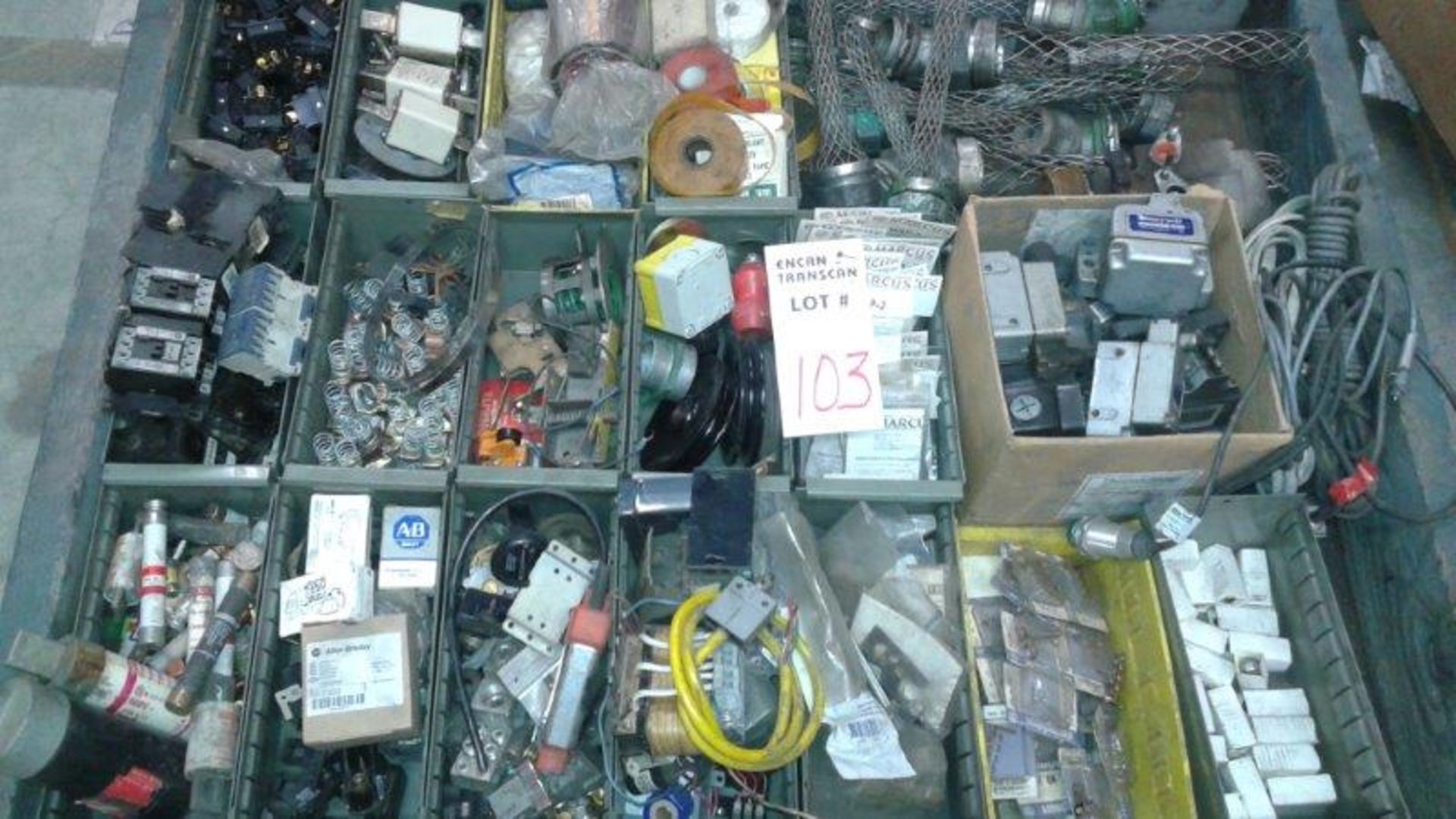 LOT: ASSORTED ELECTRICAL COMPONENTS, FUSES, CONNECTORS, BULBS, SPARE PARTS, RELAYS, SWITCHES,