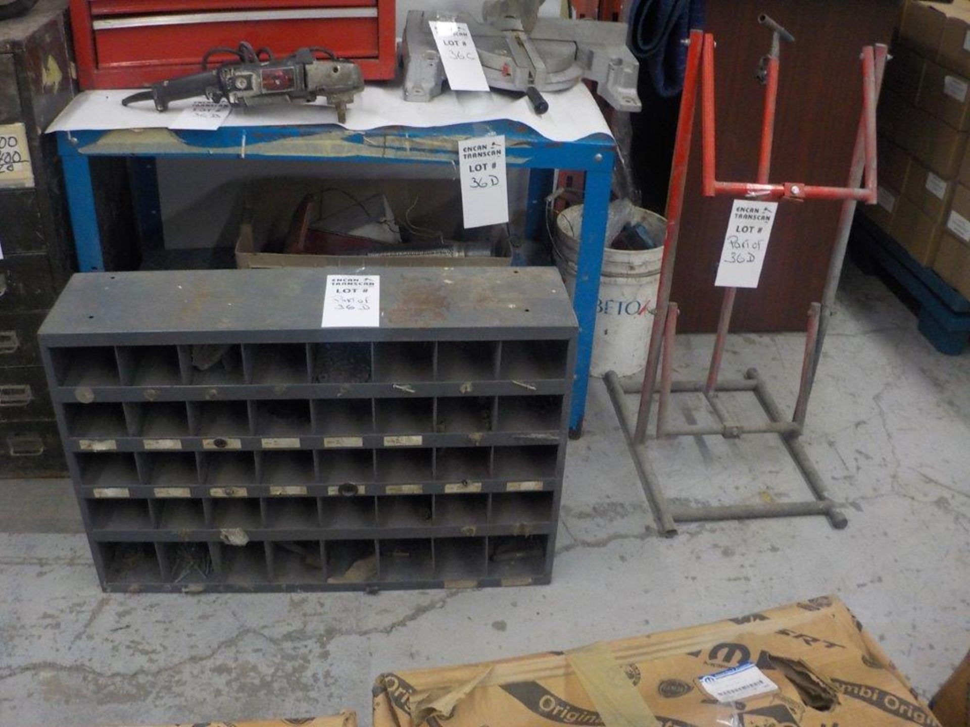 LOT: steel worktable, multi-bin parts cabinet & metal stand