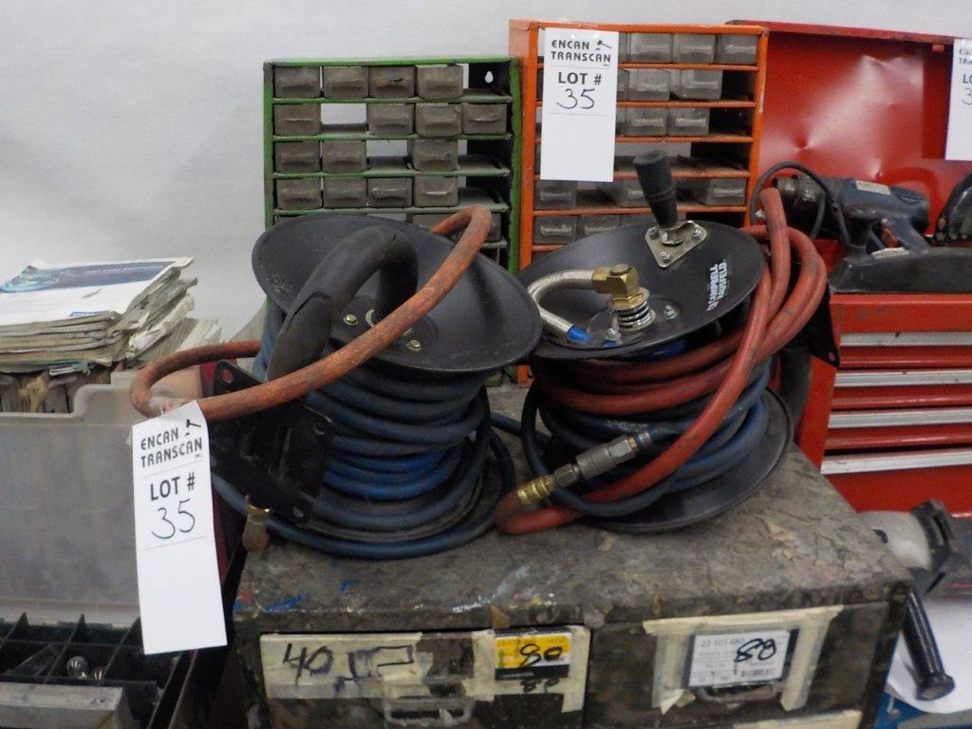 LOT: CAMBELL HAUSFELD air hose reels, 14-drawer metal cabinet, plastic parts cases - Image 2 of 2