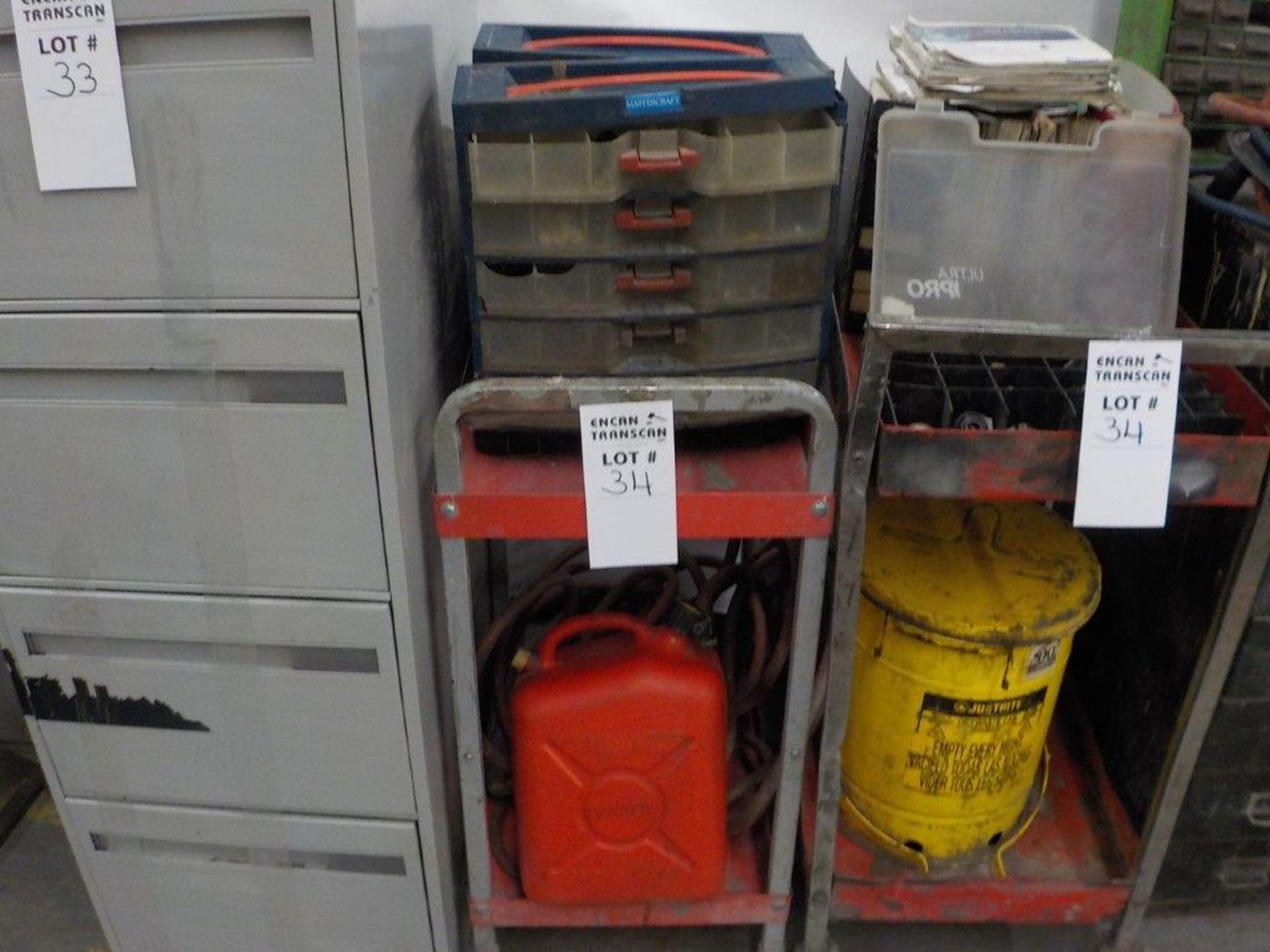 LOT: assorted carts, gas container, plastic parts bin, waste can for oily rags, etc.