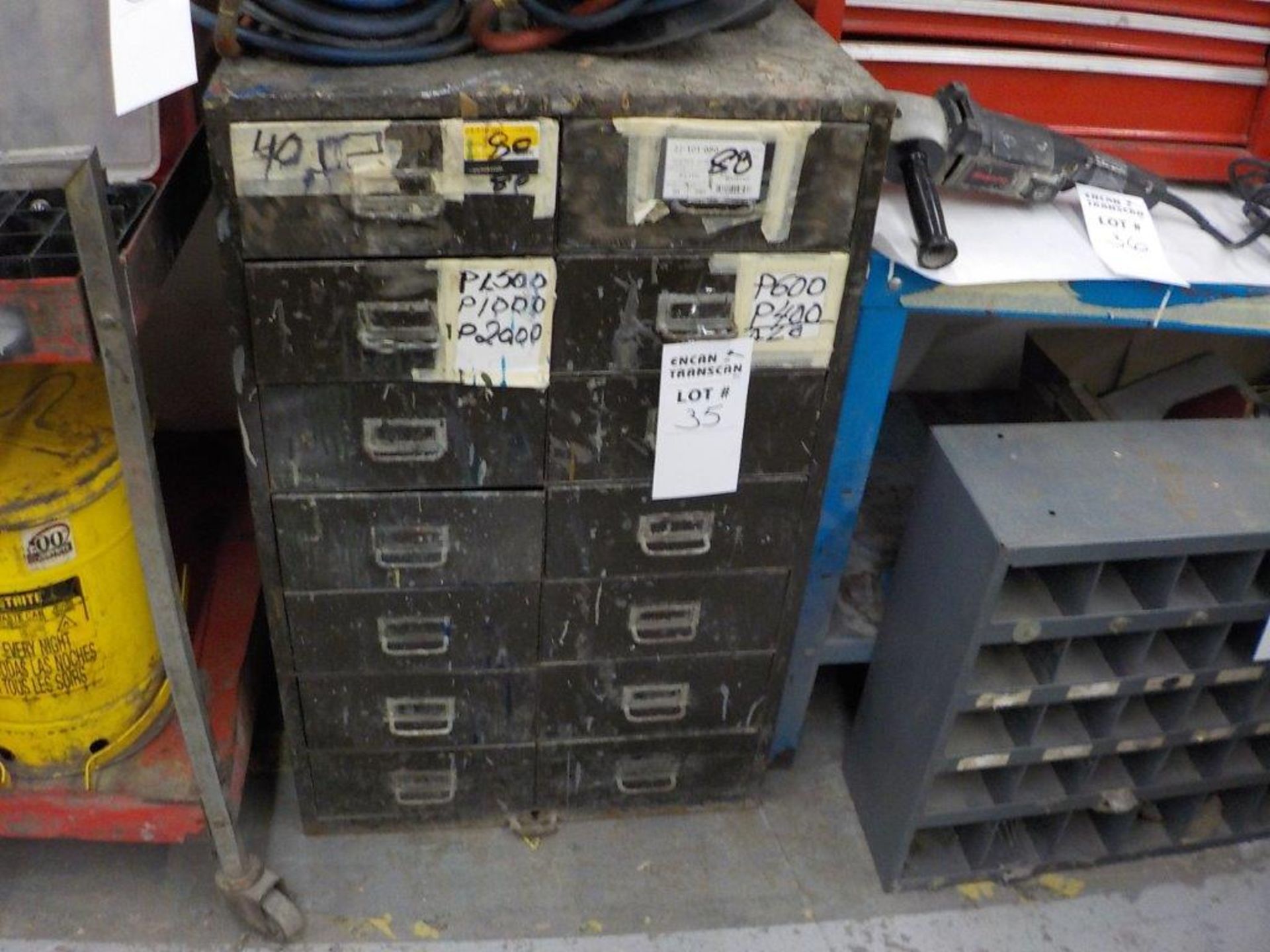 LOT: CAMBELL HAUSFELD air hose reels, 14-drawer metal cabinet, plastic parts cases