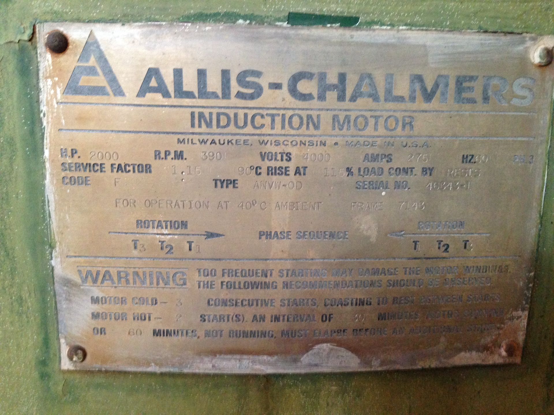 Allis Chalmers 2000 HP Vertical Motor 4,000 volts/ 390 RPM/ - Image 3 of 3