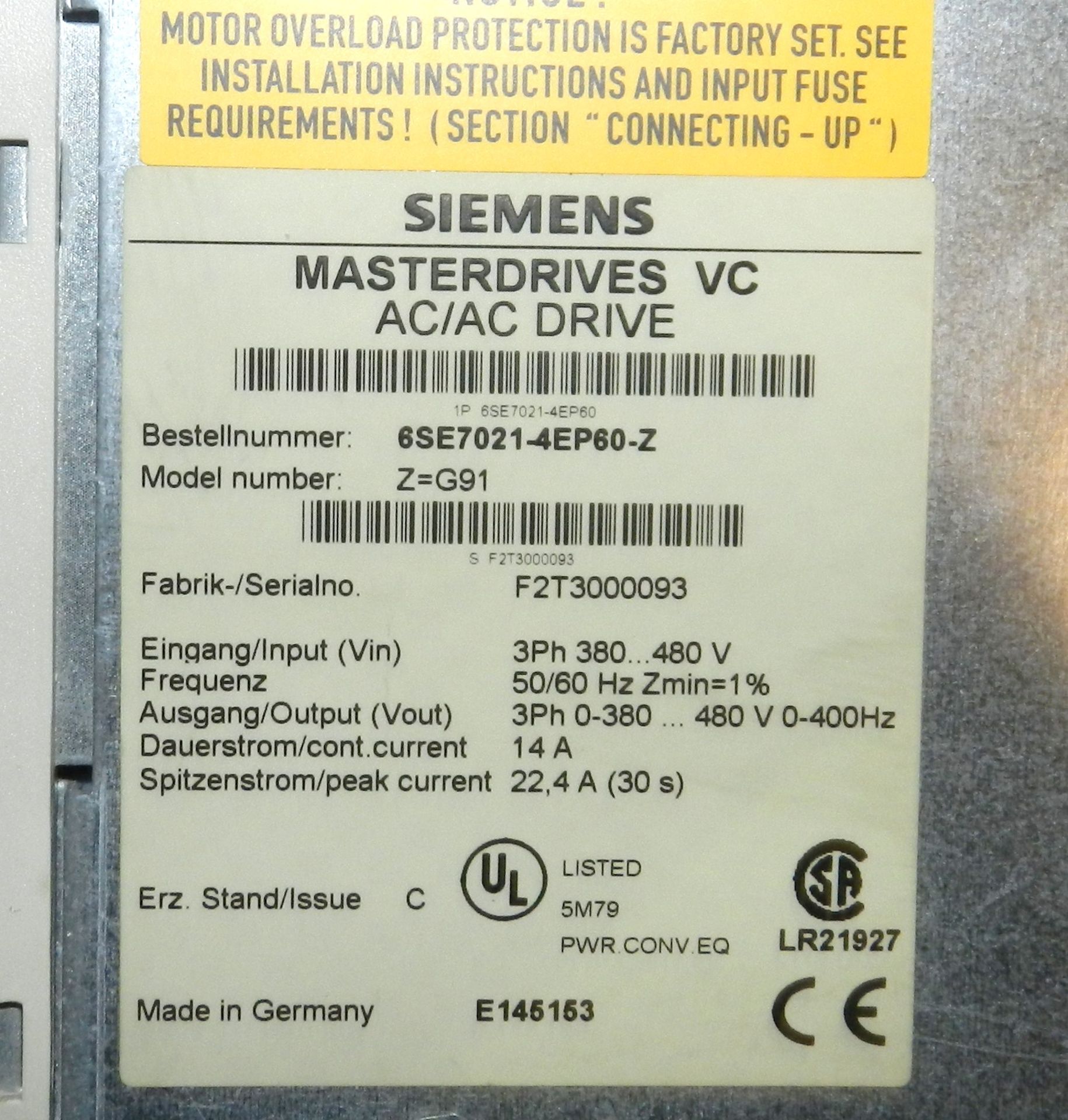 Siemens 6SE7021-4EP60-Z Z=G91 Masterdrives VC AC/AC Drive - Image 2 of 7