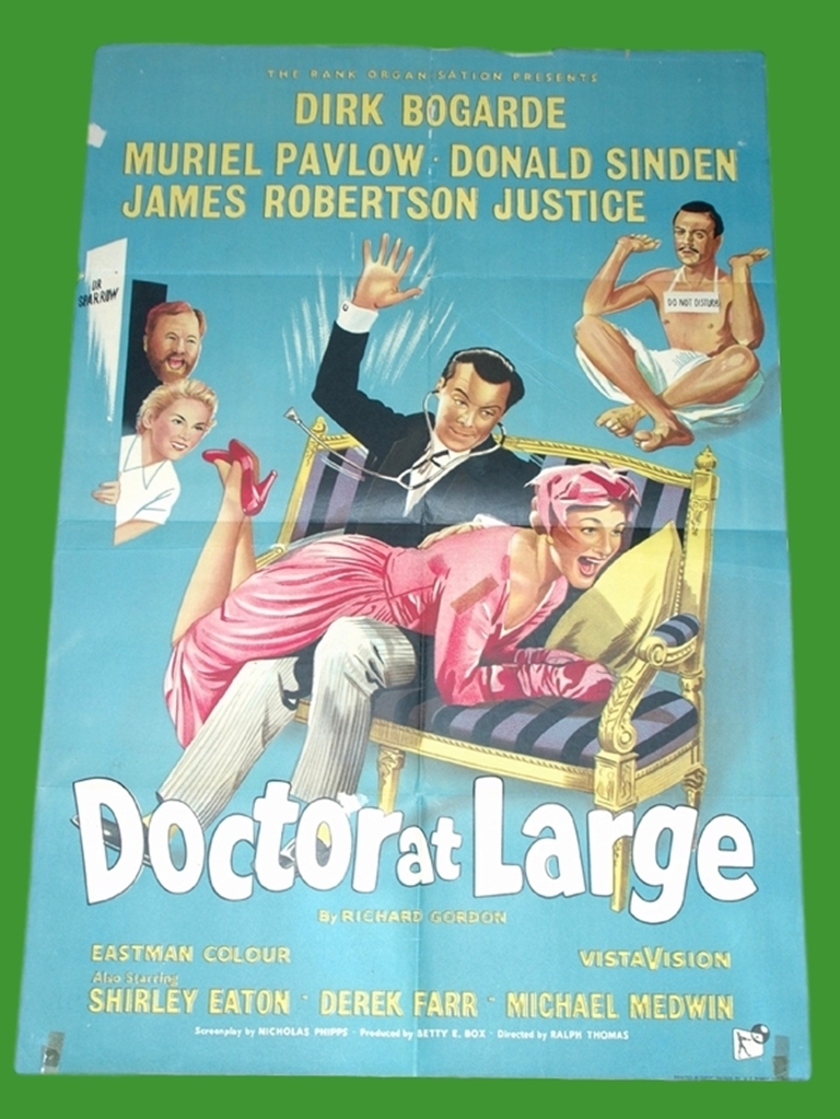 1957 - Dr. At Large - UK One Sheet - Superb vintage art of Dirk Bogarde getting up to antics in