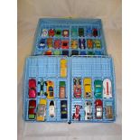 A Matchbox Cars carry case containing a selection of Matchbox, Husky, Corgi and Impy vehicles. F-G