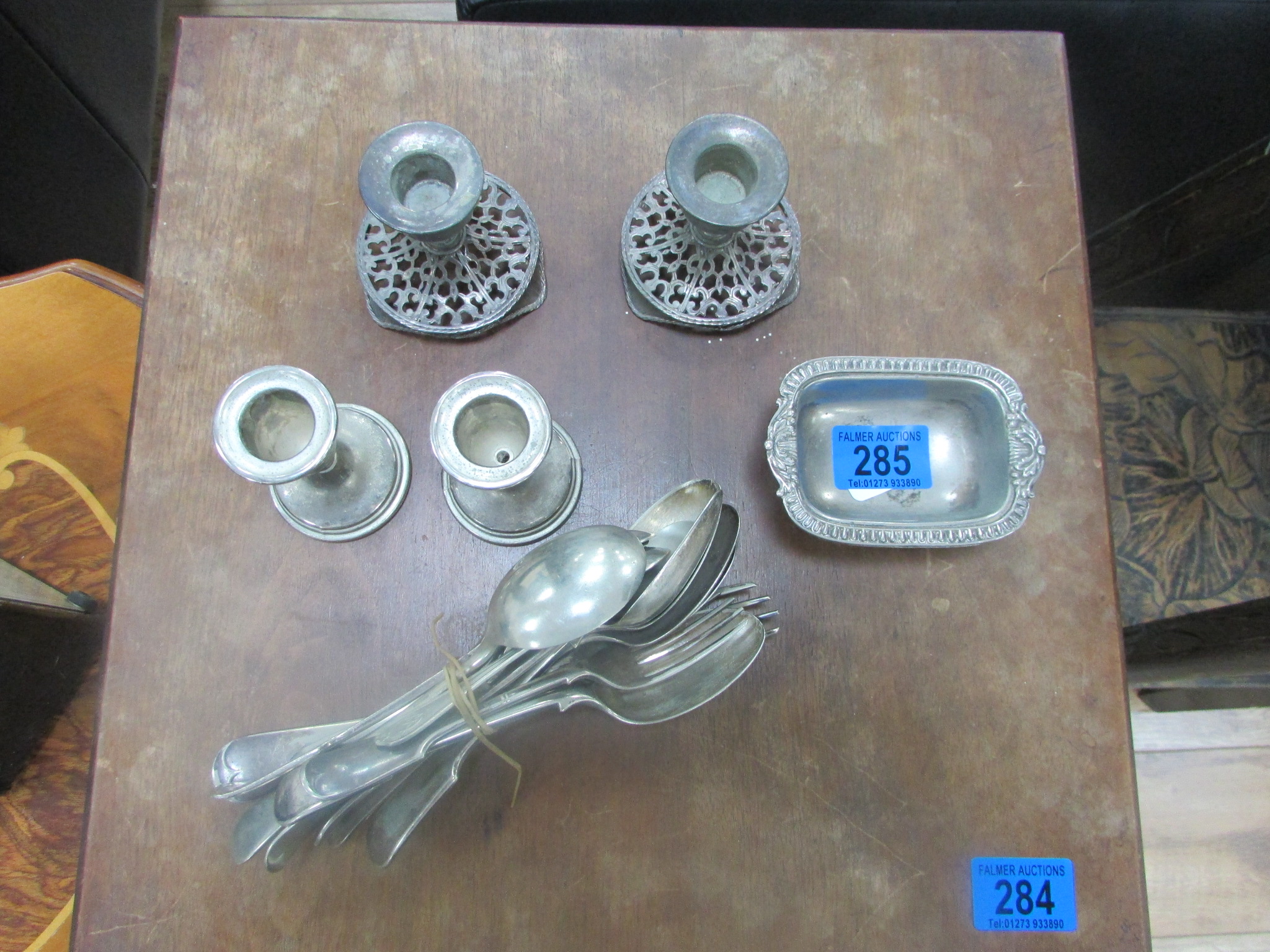 2 pairs plated candlesticks, salt and plated spoons