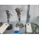 3 car mascots: 1 chrome on nickel Lady on bronze base a/f, 1 nickel plated lady on wood base, 1