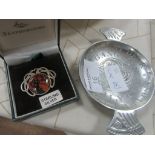 Sterling silver brooch and white metal dish