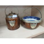 Wood and brass biscuit barrel and fruit bowl