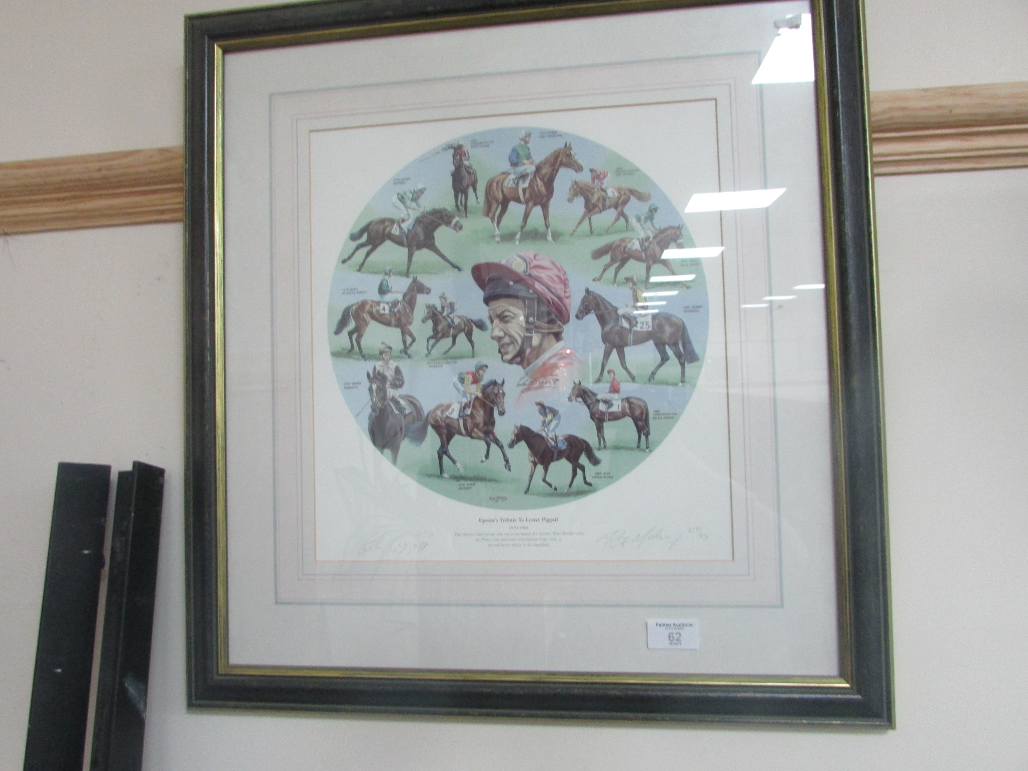 Framed 'Epsom Tribute to Lester Piggot' signed by Lester Piggot. Limited Edition 217/950