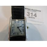 Cartier silver watch blue dial black strap