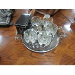 Silver plate tray / napkin rings / 5 glasses