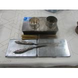 Inlaid copper cigarette box / glove stretchers spoons etc.