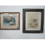 19thC water colour drawing river scene and Victorian water colour birds