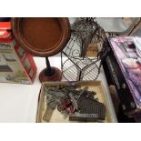 Box of Meccano bits / mirror stand and basket