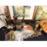 Eastern brass coffee pot / pewter tankard and sundries