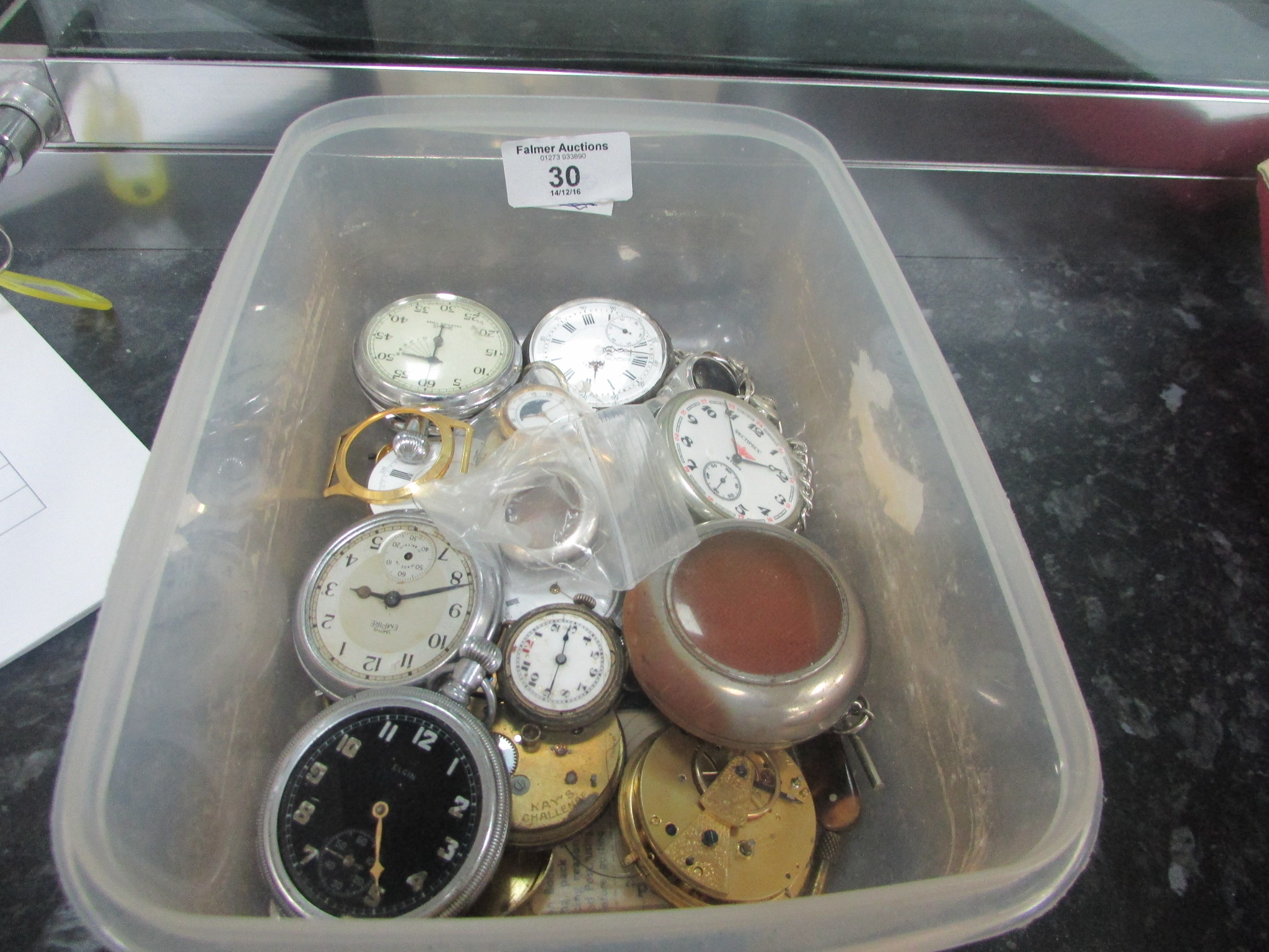 Quantity of pocket watches / chain / silver watch parts and movements