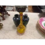 Satsuma yellow bottle vase and pair cloisonne vases