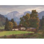 Georg Macco1863 Aachen - 1933 Genua Alpine Landschaft mit Gehöft. Gouache auf Karton. Rechts unten