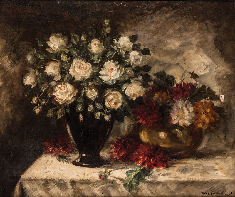 Alex Lallemand Still life with roses and chrysanthemum. Oil on canvas. Signed (lower right).