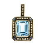 Diamantanhänger mit Topaz und SaphirenWohl Art Déco Silber über Gelbgold, "56" gestempelt. Ca. 5,3