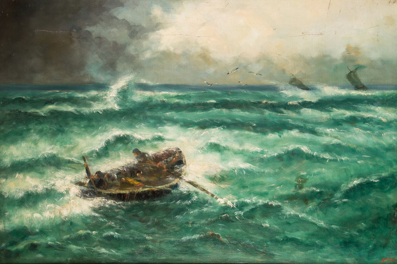 Carl Calsud1860 - 1936 Zwei Segelboote und ein Ruderboot auf hoher See. Öl auf Leinwand,