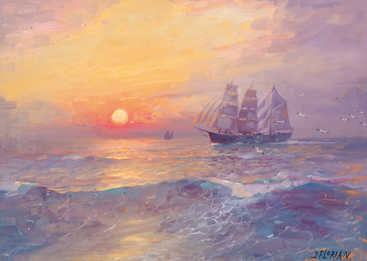 Dimitrie Florian1899 - 1979 Segelschiff bei Sonnenaufgang. Öl auf Karton. Signiert unten rechts.