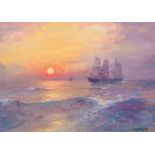 Dimitrie Florian1899 - 1979 Segelschiff bei Sonnenaufgang. Öl auf Karton. Signiert unten rechts.