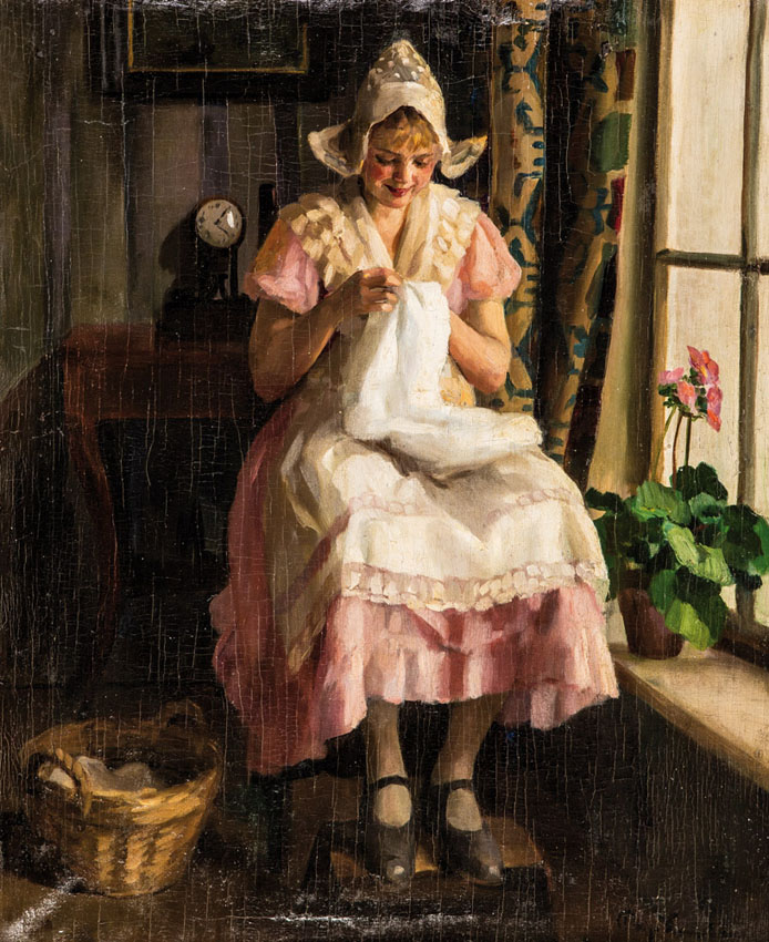 GenremalerWohl Holland, um 1900 Nähendes Mädchen mit weißer Haube. Öl auf Leinwand, doubliert,