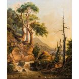 Eduard Hildebrandt Idyllic landscape. Oil on canvas with craquelure. Inscribed ''Hildebrandt''.
