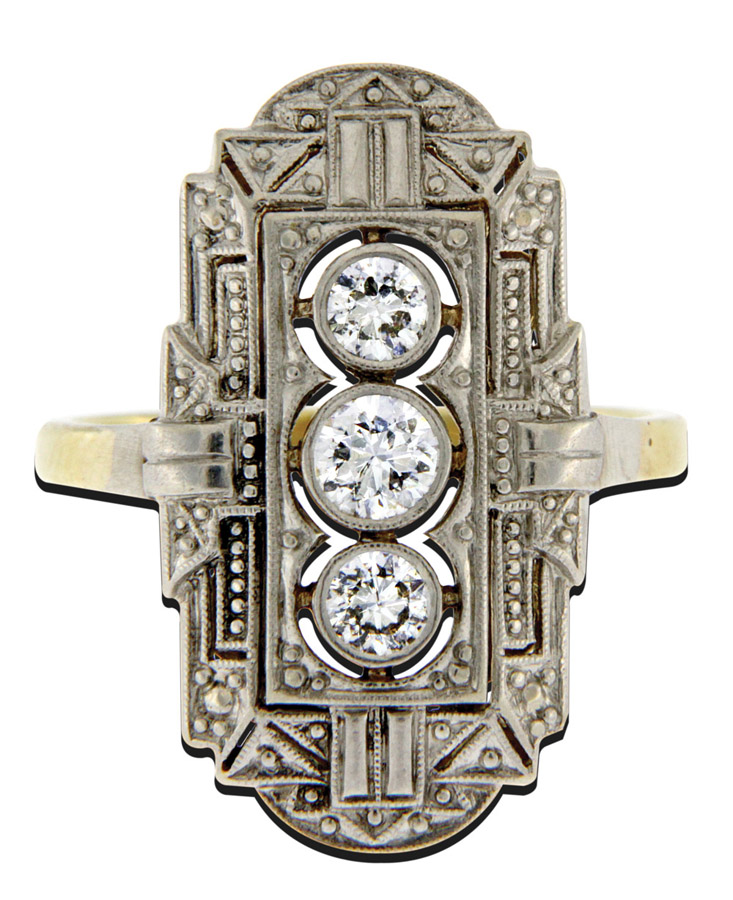 DiamantringArt Déco, um 1925 585-er Gelbgold, ca. 3,2 g. Hochovaler, diamantierter Ringkopf,