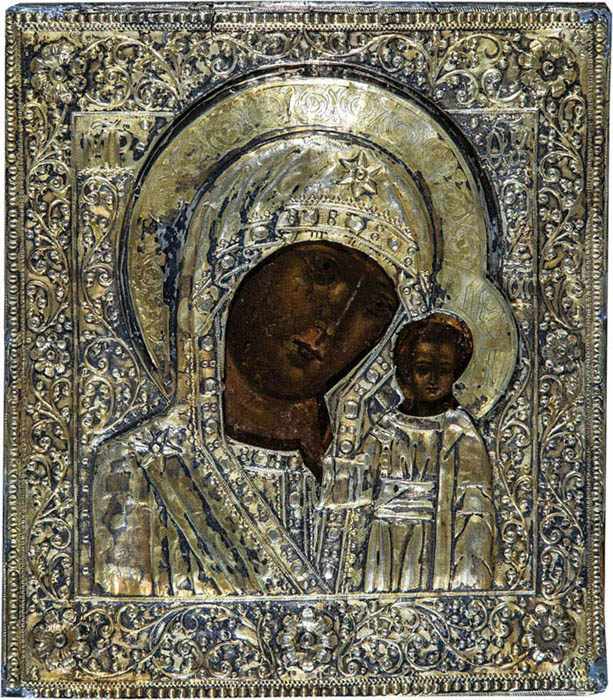 Gottesmutter von KazanRussland, 18. Jh. Laubholz-Einzeltafel mit zwei Rückseiten-Sponki (