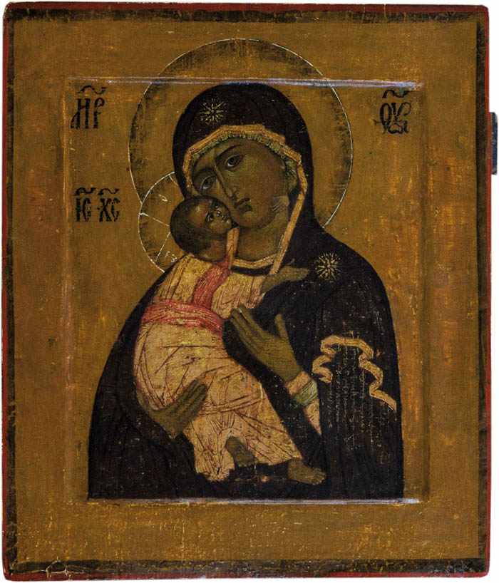 Gottesmutter von WladimirRussland, 18. Jh. Laubholztafel mit zwei Rückseiten-Sponki. Flaches