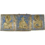 Triptychon (Deesis)Russland, 19. Jh. Bronze, reliefiert gegossen, vergoldet und emailliert. Im