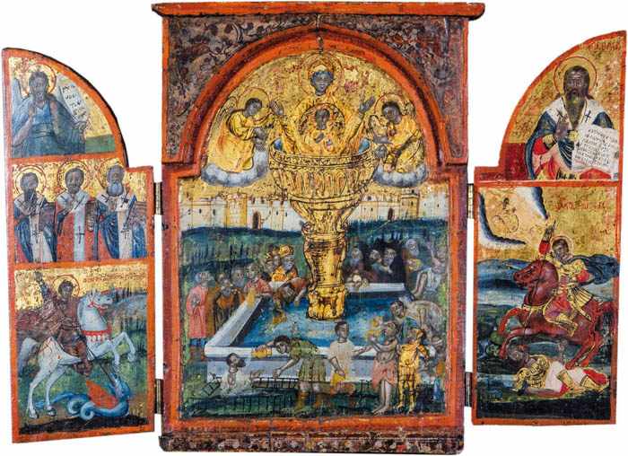 Triptychon mit der Gottesmutter "Lebenspendende Quelle"Griechenland, 18. Jh. Tempera auf Kreidegrund