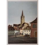 Joseph Hoegg1826 - ? Ansicht der Saggasse in Hermannstadt. Farblithographie, wasser- und