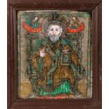 Hinterglasbild mit dem Hl. NikolausSiebenbürgen, Lancram oder Laz, 2. H. 19. Jh. Der Heilige sitzt
