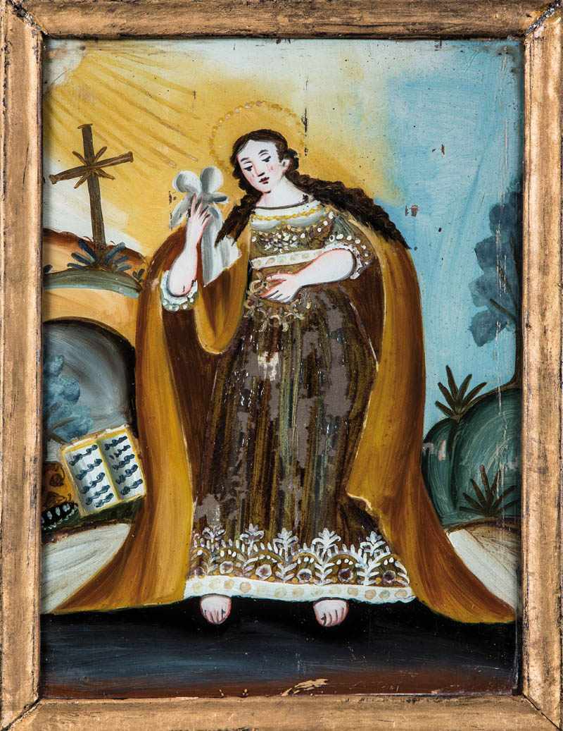 Hinterglasbild mit Maria MagdalenaSpanien, E. 18. Jh. Ausdrucksstarke, in bunten Farben gemalte